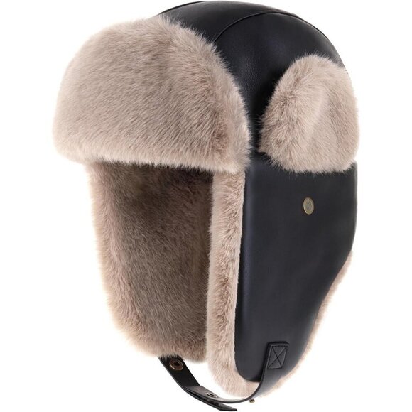 ⭐Womens Black PU Black Leather Trapper Hat with Faux Fur Lining Warm Aviator Hat - Picture 1 of 7